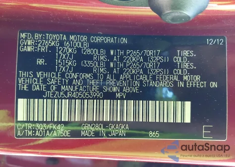 2013 Toyota 4Runner Sr5 из США, поврежденный, VIN JTEZU5JR4D5053990